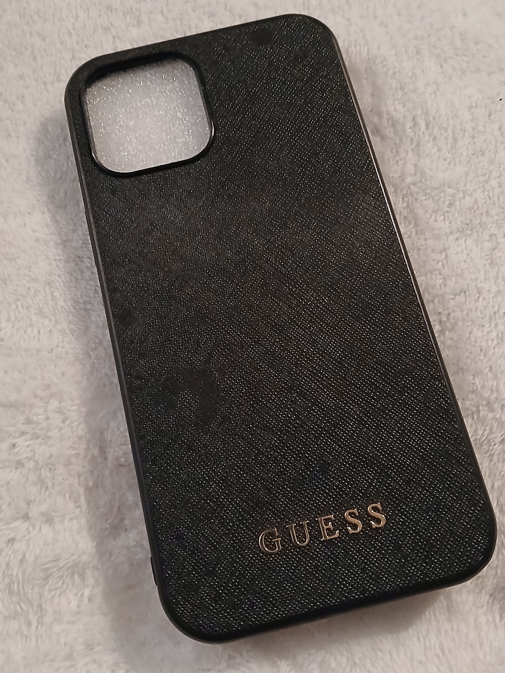 GUESS Black Textured iPhone 12 or 12 Pro Cell Phone Case - Gold Logo - NEW!